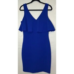 Belle Badgley Chelsea Mini Cocktail Dress 8 Blue Overlay Cape Bodice Party